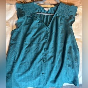 LOFT Teal Button-Front Cap Sleeve Blouse